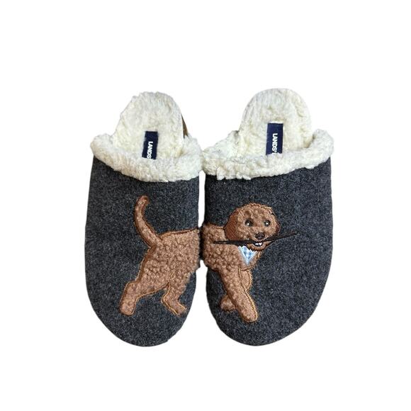 Lands End Felt Scuff Slippers Fetching Dog Sz 7B Faux Fur Rubber Sole Holidays - Picture 6 of 10
